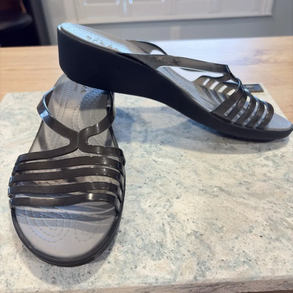 Crocs Meleen Women's Black/Smoke Twist Strap Slip-On Comfort Slide Sandals‎ 7